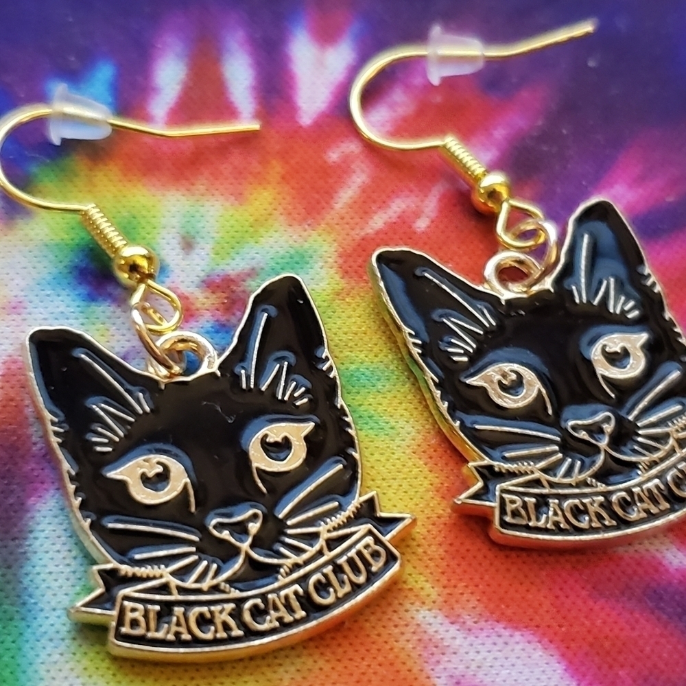 Handmade Halloween Black Cat Club Earrings - Picture 2 of 5